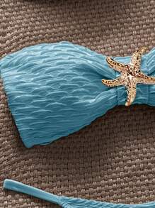 Swim Vcay 3pcs Textured Strapless Starfish Bikini Sexy Swimsuit Set For Summer Beach Vacation - Teal Blue - View 6