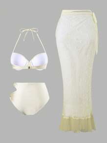 Swim Oasis 3 件套女士优质纯色加厚聚拢文胸、高腰泳裤和不对称流苏泳裙套装 - 米色 - 查看 6