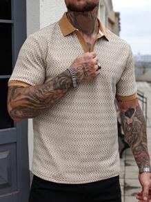 Manfinity Homme 男士时尚撞色V领纹理矩形图案提花休闲Polo衫 - 彩色 - 查看 3