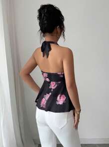 Elenzga Women's Summer Spaghetti Strap Elasticated Waist Casual/Resort Floral Print Mesh Transparent Sexy Cold-Shoulder Tank Top