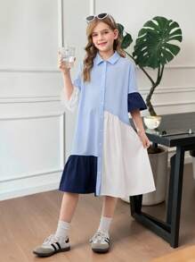SHEIN Vestido ajustado con mangas de volantes, recortes y volantes para niñas preadolescentes en color liso, casual, adecuado para volver al colegio y uso diario