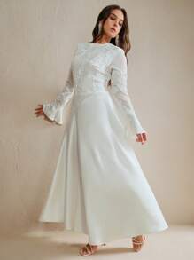 Anewsta 大码女式花卉刺绣拼布长袖优雅连衣裙 - 白色 - 查看 7