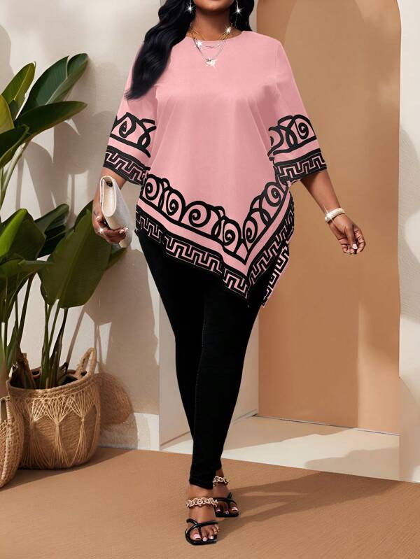 SHEIN Lady Bluză de damă cu imprimeu geometric, guler rotund, mânecă 3/4, tiv asimetric, mărime plus