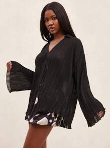 NYA SZN 超大款纹理长袖纽扣休闲日常百搭秋季必备女装节日嘉年华必备单品 - 黑色 - 查看 4