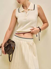 Muvela 女士休闲复古杏色无袖 Polo 衫和褶皱中长裙两件套，适合夏季毕业季的优雅装扮 - 杏色 - 查看 10