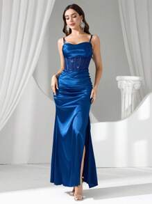 Coutiva 女士水钻装饰透明长款晚礼服，正式，派对礼服，适合婚礼宾客 - 霧霾藍 - 查看 5