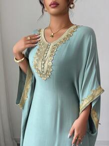 Elenzga 女式蝙蝠袖 V 领直筒连衣裙（带装饰贴片）