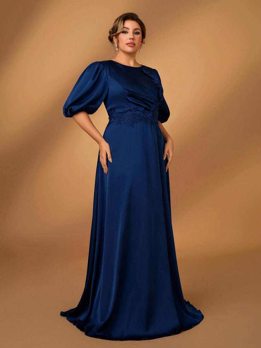 Serin Plus Size Navy Blue Satin Fabric Crew Neck Pleated Chest Floral Decor Bell Sleeve A-Line Dress, Elegant For Wedding Party Activities, Bridesmaid And Mother Of The Bride Outfit