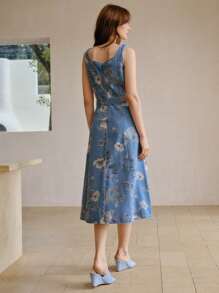 MOTF PREMIUM 花卉印花腰带牛仔连衣裙 - 藍色 - 查看 4