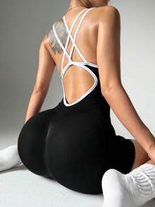 SHEIN Sport Studio Women's Solid Color Seamless Criss-Cross Contrast Color Sports Jumpsuit
