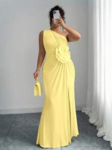 Elenzga Plus Size Women 3D Floral Print Asymmetrical Neck Midi Dress