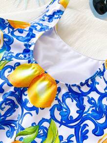 Traje de baño de una pieza con estampado de flores y limones para adolescentes/jóvenes, bañador informal para nadar y vacaciones
