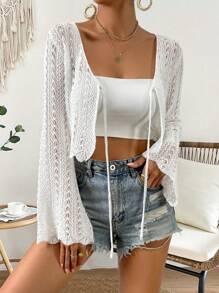 SHEIN Tall Damen Boho Weite Ärmel Spitzen Schnürung Cut Out Strickjacke