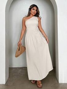 Xyvia Women's Elegant Solid Color Asymmetric Collar Dress, Summer - Apricot - View 5