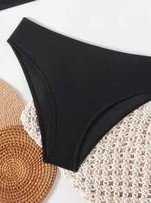 Swim SXY 2 件套夏季海滩纯色尼龙金色海星装饰镂空肩带上衣和高腰泳裤度假风格女式比基尼套装 - 黑色 - 查看 8