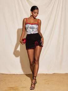 NAJILARAQUELDESIGNS Newspaper Printed Knit Jersey Lace Neck Cami Top Women Summer Casual Street Wear Newspaper Print Corset - Multicolor - View 1