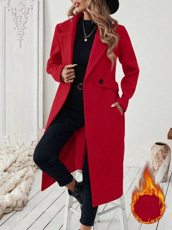 Franclia Plus Size Women's Classic Casual Minimalist Large Lapel Cinched Waist Button Pocket Wool Blend Long Coat, Autumn/Winter