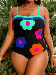 Slaydiva Plus Size Women 2pcs Floral Print Bandeau Swimwear Top With Drawstring High Waist Bottom Swimwear Set, Summer Beach Resort - Multicolor - View 5