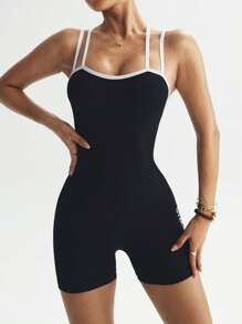 SHEIN Sport Studio Women's Solid Color Seamless Criss-Cross Contrast Color Sports Jumpsuit