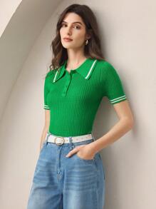 BizChic 2025 Nuevo verano Mujer Verde Blusa de punto de manga corta con media abertura y contraste de color, Uso casual de negocios para el día a día, Elegante para vacaciones y bodas, Festival de música campestre, Moda de aeropuerto, Vintage de los 90, 4 de julio - Verde - Ver 5