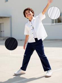 2pcs/Set Tween Boy Wave Jacquard Fabric White Shirt And Black Straight Leg Pants Outfit, Soft And Comfortable Lightweight Fabric, Suitable For Summer Outing, School, Various Occasions, Fashionable And Sunny Boy's Set, Black And White Combo Children's Set, Must-Have Summer Young Boys Suit Set Youth Boys Suit Youth Boys Shirt Young Boys Pants Young Boys Whie Suits