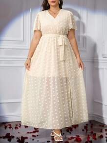 SHEIN Clasi Plus Size Elegant Solid Color Textured Split Hem Dress, Summer Women Casual Dress