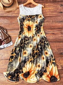 Linhara 大码女式蕾丝拼布无袖向日葵花卉印花连衣裙 - 彩色 - 查看 6
