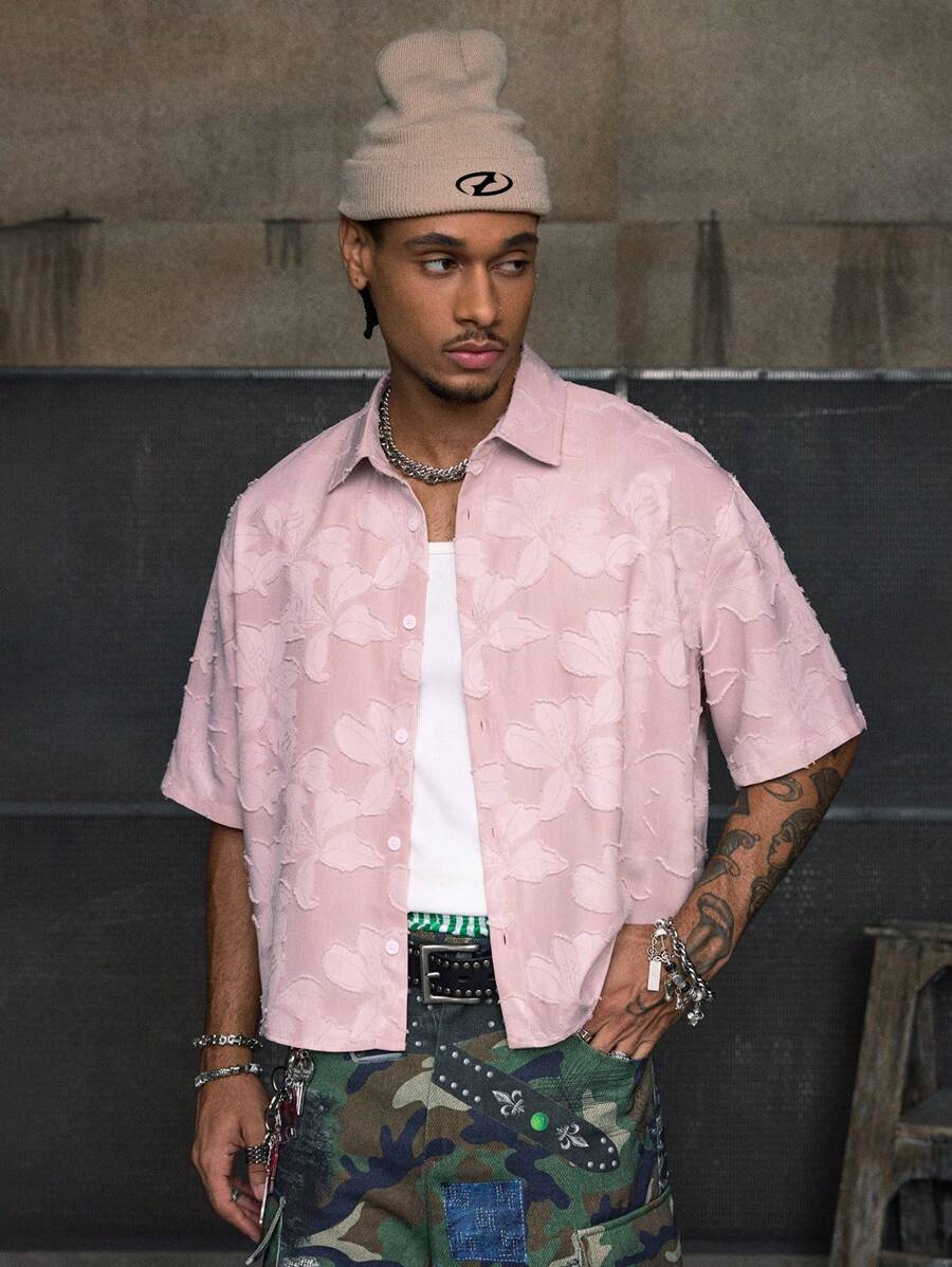 AXEPEAK Multi-Size Streetwear Turndown Collar Short Sleeve Loose Fit Men Shirts - Baby Pink - View 1