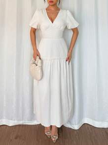 Gloray Đầm dài tay bồng màu trơn thanh lịch, mùa hè - Màu be - Xem 4