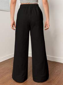 SHEIN Teen Girls' Solid Color Loose Casual Drawstring Wide Leg Pants,Kids - Black - View 2