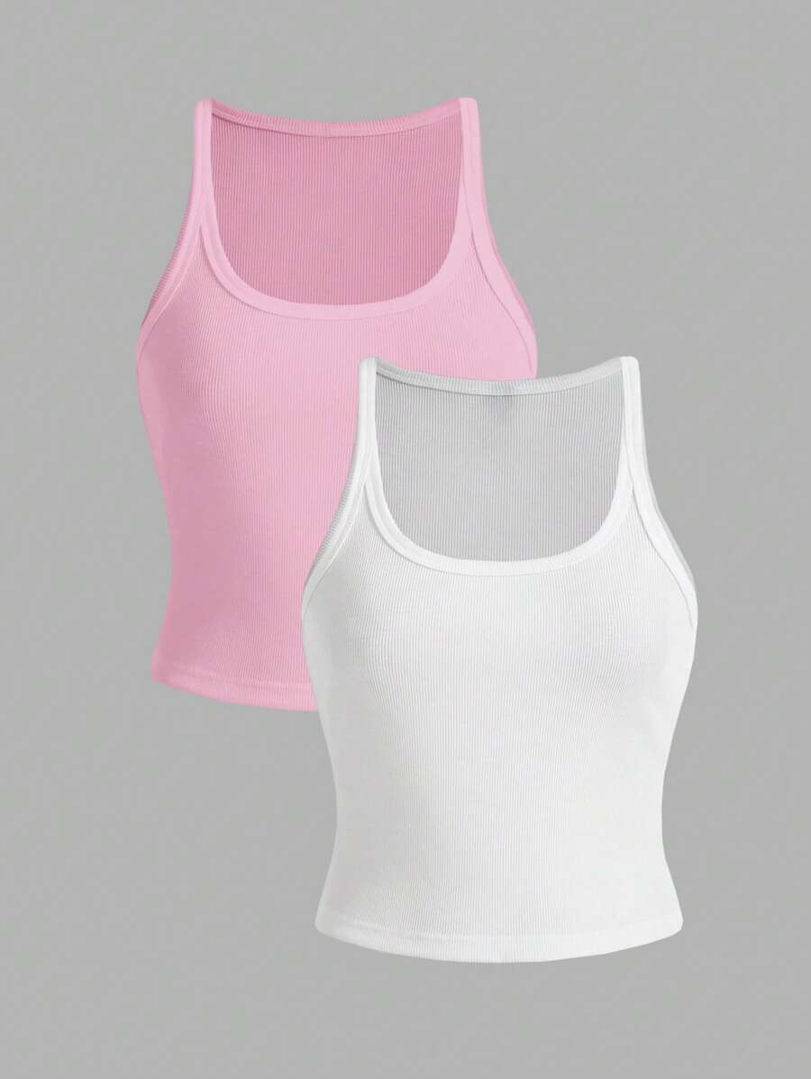 Slaydiva 2pcs Set Casual Minimalist Pink & White Ribbed Tank Top, Suitable For Summer Vacation - Multicolor - View 1
