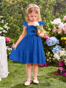 SHEIN Young Girl Summer Vacation Ruffle Trim Cap Sleeve Yellow Mini Dress - Blue - View 5