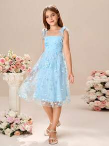 Tween Girl Elegant Floral Embroidery Mesh Slip Dress - Baby Blue - View 3