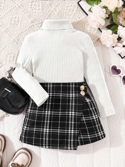 2pcs Young Girl Stand Collar T-Shirt & Plaid Skorts Set, Great For Everyday And Commuting Wear Girls School Clothes Girls School Clothes Teen Girls Sets Girls Plaid Skirt Set Two Piece Kids Set Skirt Plaid Kids Turtleneck And Plaid Skirt Set Plaid Skirt For Girls Teen School Clothes 2 Piece Set Fall Winter