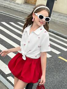 SHEIN Tween Girl Short Sleeve Shirt In Summer Is A Must-Have. The Cherry Pattern On The Shirt Looks Vivid, As If Dotting Sweet Fruits. It Is The Perfect Choice To Create An Adorable Look For Your Little One. - White - View 5