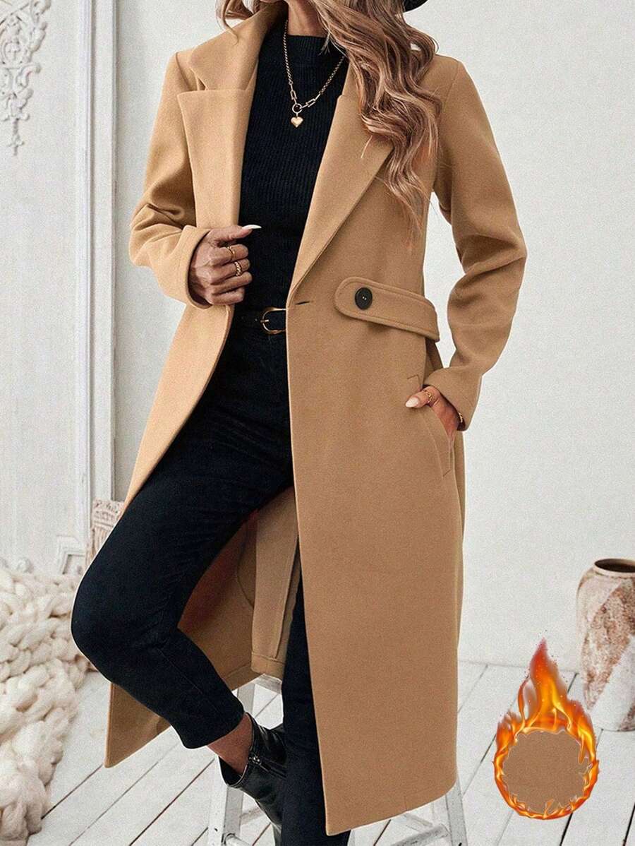 Vionelle معطف متوسط الطول معزز بالصوف للنساء البدينات بياقة تقليدية، خصر مشدود، وزخارف من أزرار وجيوب، ملائم للخريف/الشتاء، بأسلوب كاجوال وبسيط - كاكي - مشاهدة 1