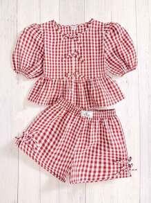SHEIN 2pcs/Set Tween Girl Loose Plaid Puff Sleeve Bowknot Shirt And Casual Shorts, Suitable For Spring/Summer, Daily Wear, Outdoor, Spring Trip, Back To School