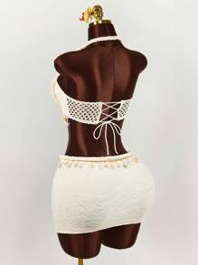Amplova Set de 2 piezas: Top corto decorado con cuerda, estrella de mar y concha, y mini falda
