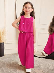 SHEIN Young Girl Elegant Sweet Cute Gathered Round Neck Bow Decorated Pearl Sleeveless Shirt Top And Wide Leg Solid Color Pants Set, Red - Hot Pink - View 4