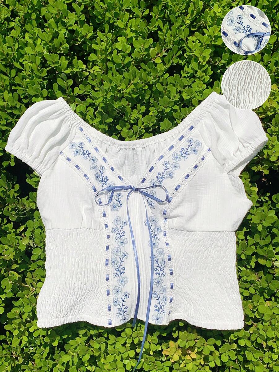 Comfortcana Summer Casual White And Blue Floral Ditsy Floral Cinched Waist Women T-Shirt Vacation - White - View 1