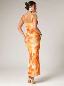Silquee 2pcs Women's Elegant Summer Beach Vacation Yellow Tie-Dye Floral Print Pleated Mesh Top And Fishtail Skirt Two-Piece Set For Spring And Summer Vacation, Beach, Suitable For Romantic Date, Wedding, Night Out, Beach Vacation, Elegant Beach Vacation, Summer Sexy, Suitable For Date Night, Suitable For Vacation, Beach, Music Festival, Suitable For Spring And Summer, Suitable For Daily Date, Night Out, Party, Gathering - Multicolor - View 2