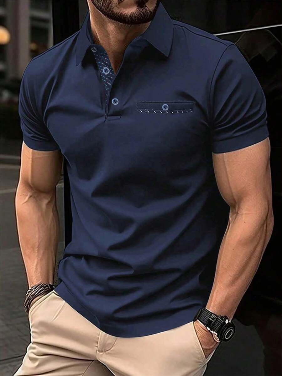 Calvornis Men's Casual Solid Color Button-Up Short Sleeve Polo Formal Shirt, Ceremony - Navy Blue - View 1