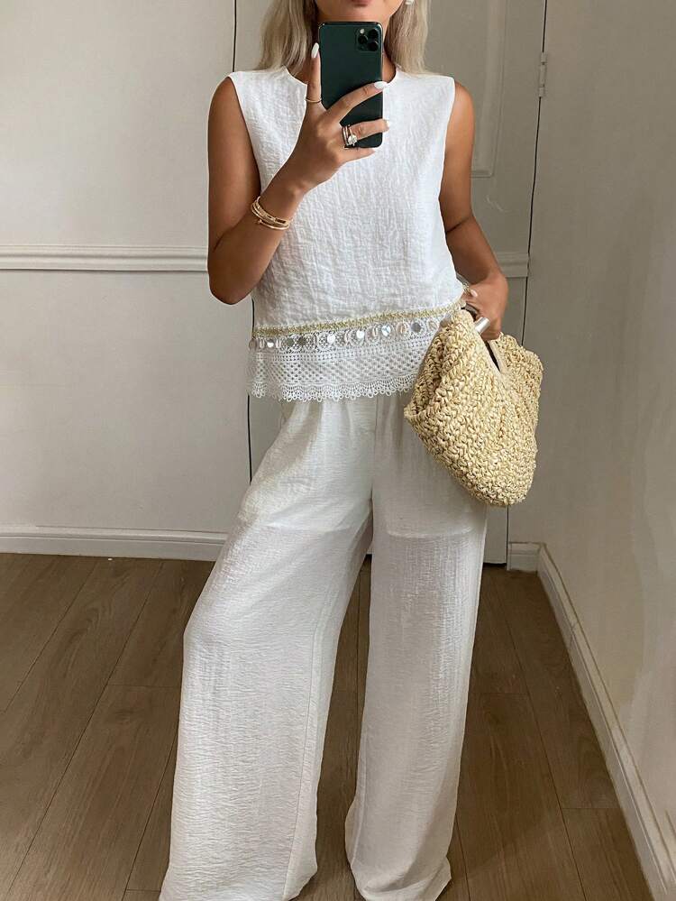 2pcs Women Lace Patchwork Round Neck Sleeveless Tank Top And Wide Leg Pants Set