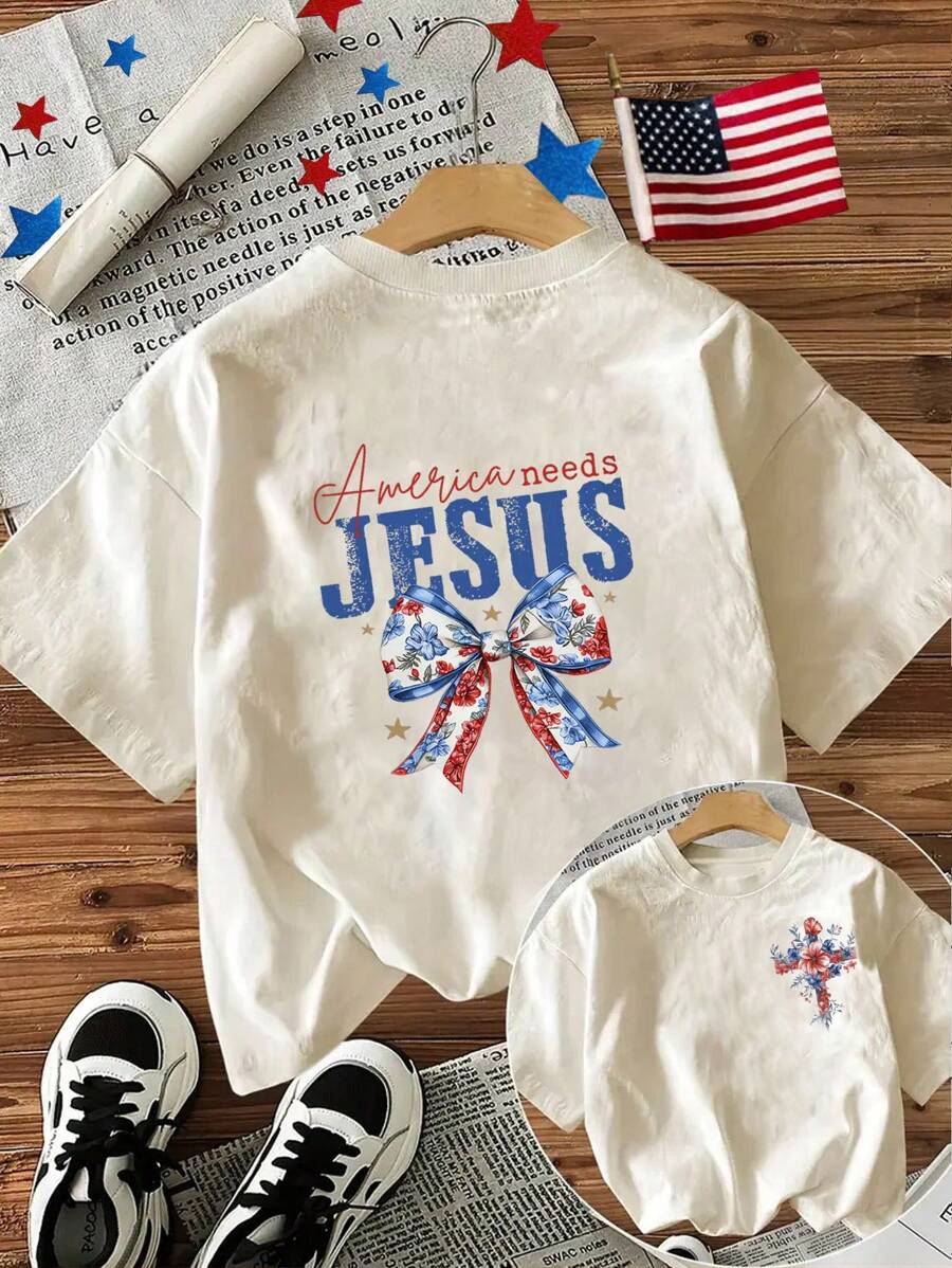 INAWLY Tricou cu mânecă scurtă cu imprimeu de steag american și fundă, 4 iulie