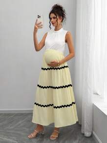 SHEIN Falda de maternidad a la rodilla con patrón de onda y bloques de color de moda - Amarillo - Ver 3