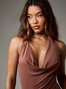 MISSGUIDED Halter Neck Mini Bodycon Dress Elegant Draped Cowl Neckline Pearl Beaded Party Cocktail Club Evening Wear