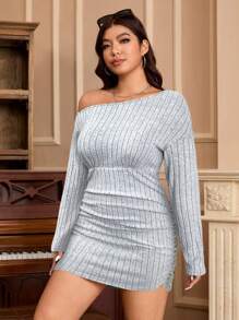 SHEIN EZwear 大码女式纯色罗纹长袖不对称领口修身连衣裙，秋冬 - 淺灰色 - 查看 5