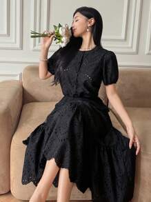 DAZY Ladies 2pcs Set: Hollow Out Embroidery Round Neck Puff Sleeve Blouse And Skirt - Black - View 6