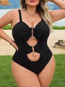 SHEIN CURVE+ Plus Size Women's Gold Accent Detachable Strap One-Piece Swimsuit, Beach Wear For Summer Beach Vacation