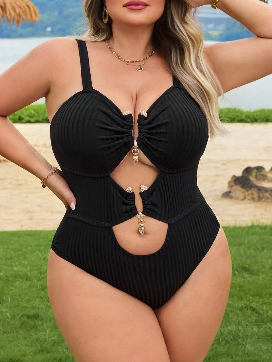 SHEIN CURVE+ Plus Size Women's Gold Accent Detachable Strap One-Piece Swimsuit, Beach Wear For Summer Beach Vacation